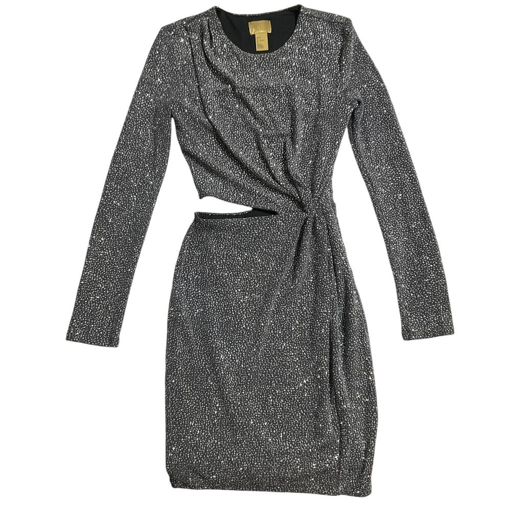 H&M Women Dress US 2 Black Bodycon Party Glitter Long Sleeve Lined Stretch